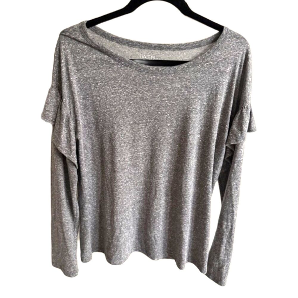 Time and Tru Women's Gray Ruffle Sleeve Long Sleeve Top Medium Soft Knit Casual
